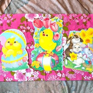 3 Eureka Easter Bunny Spring Diecut Flocked Chics Tulips 💐 decor 1980’s over 13”